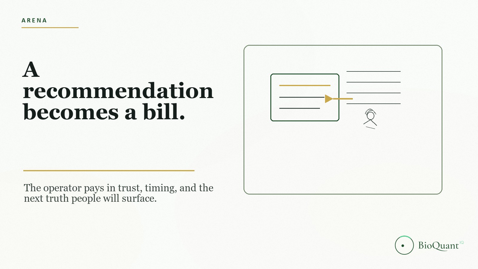 A recommendation becomes a bill — the operator pays in trust, timing, and the next truth people will surface.